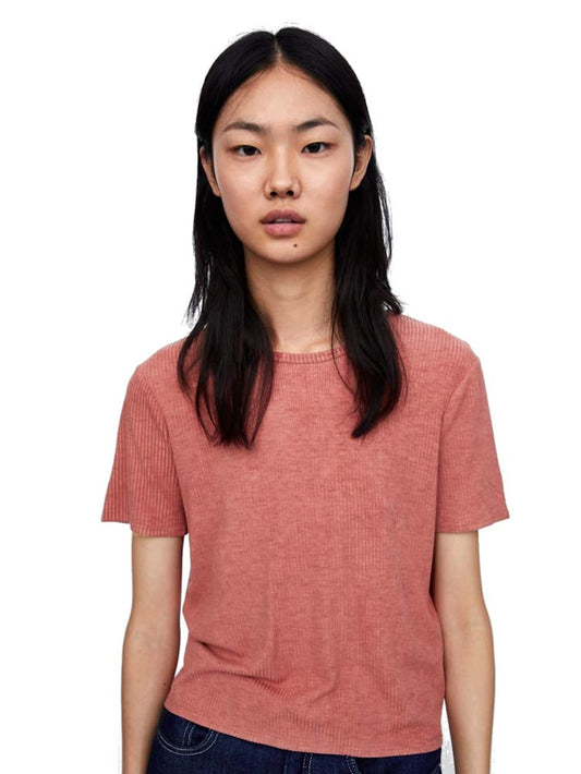 Zara Women's Ribbed T-Shirt (Light Coral, Small)