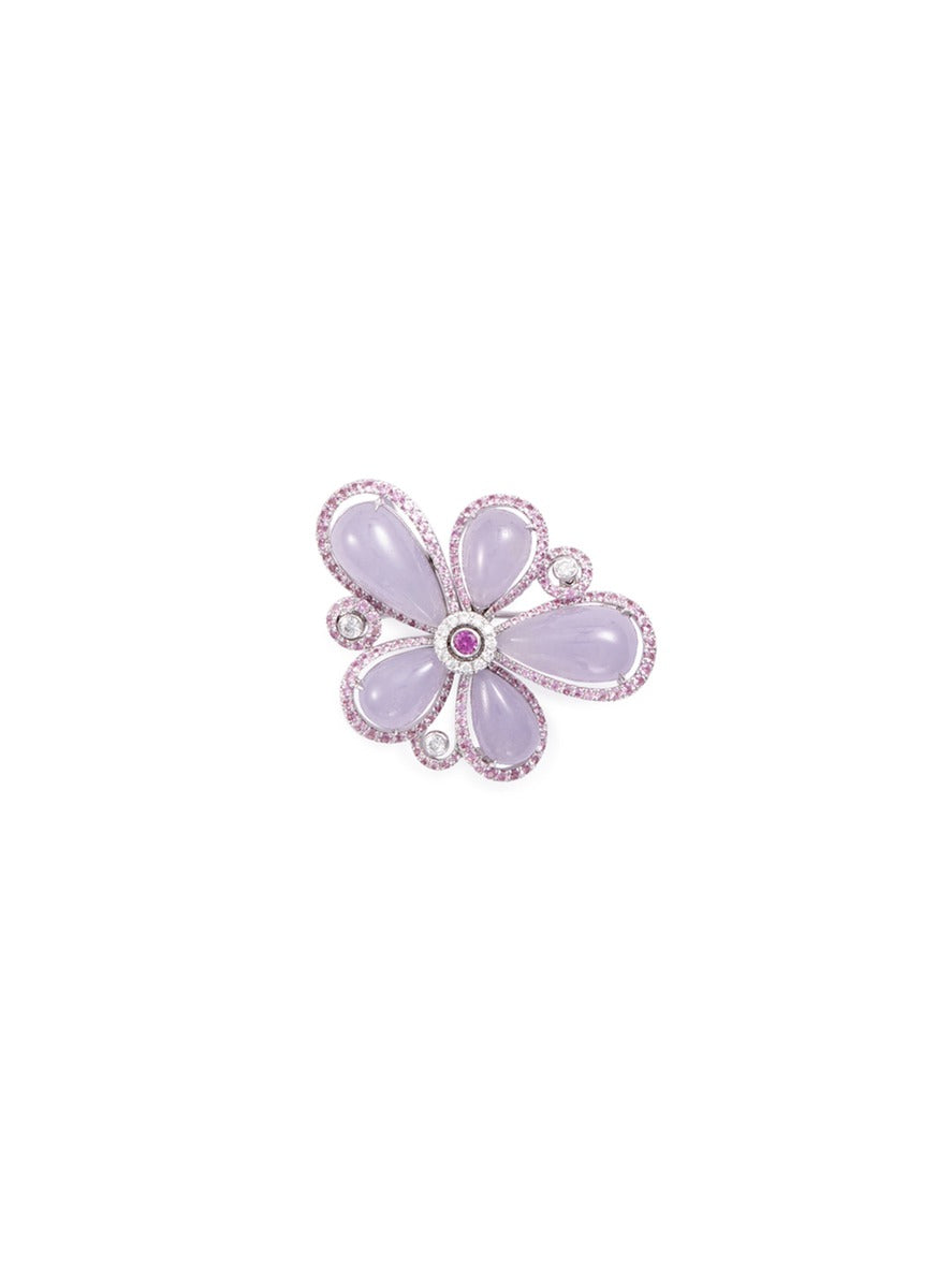 Diamond sapphire jade 18k white gold floral brooch - Samuel Kung - Purple