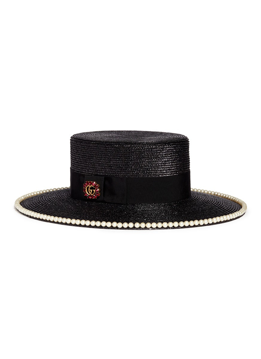 Glass pearl logo brooch straw boater hat - Gucci - Black