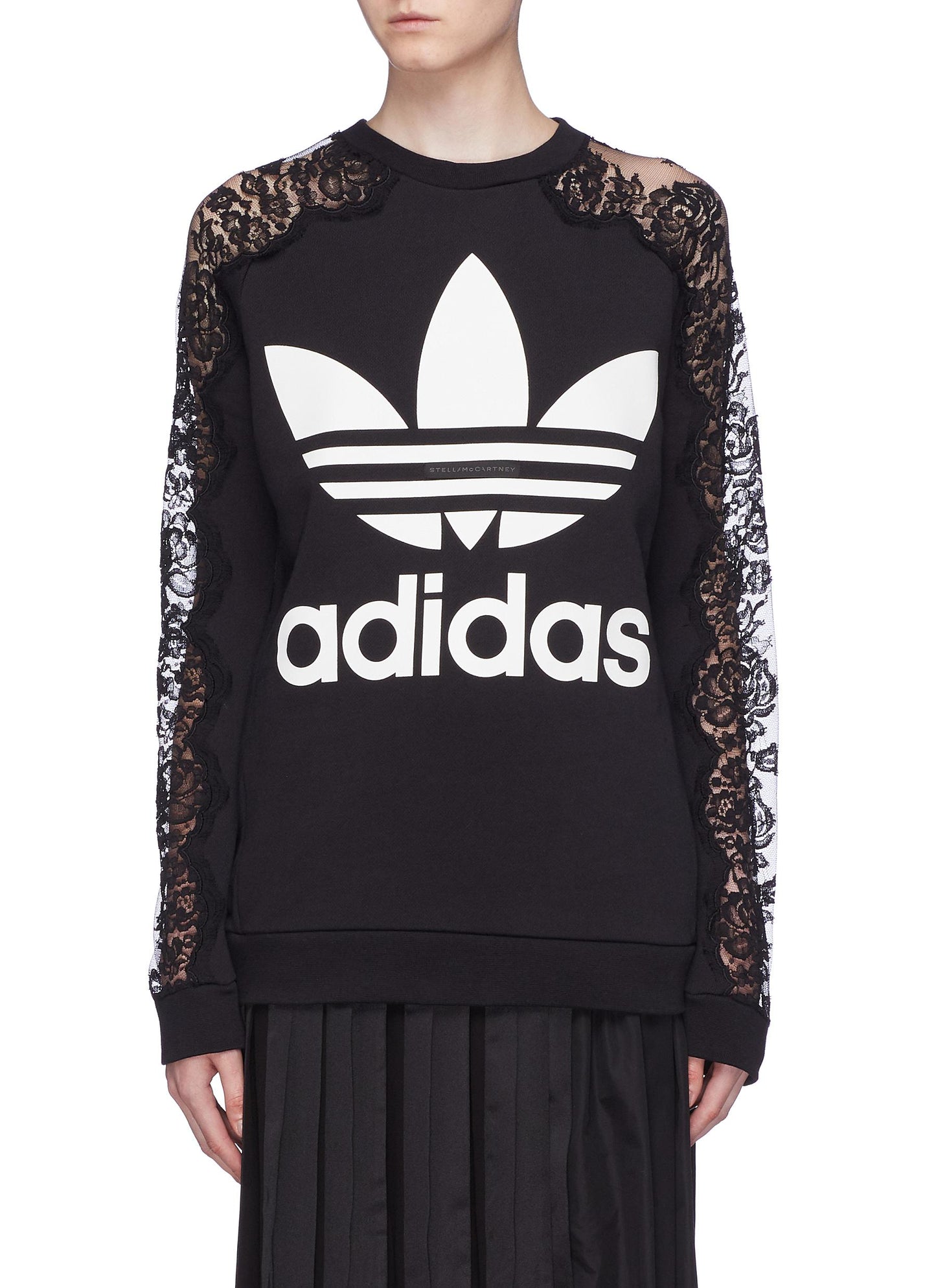 x adidas Chantilly lace sleeve logo print sweatshirt - Stella McCartney - Black