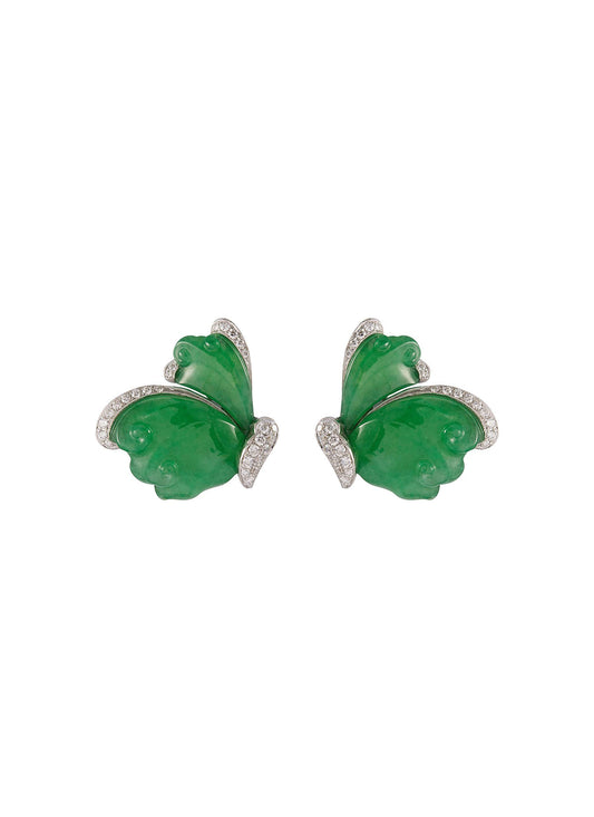 Diamond jade 18k white gold butterfly earrings - Samuel Kung - Metallic