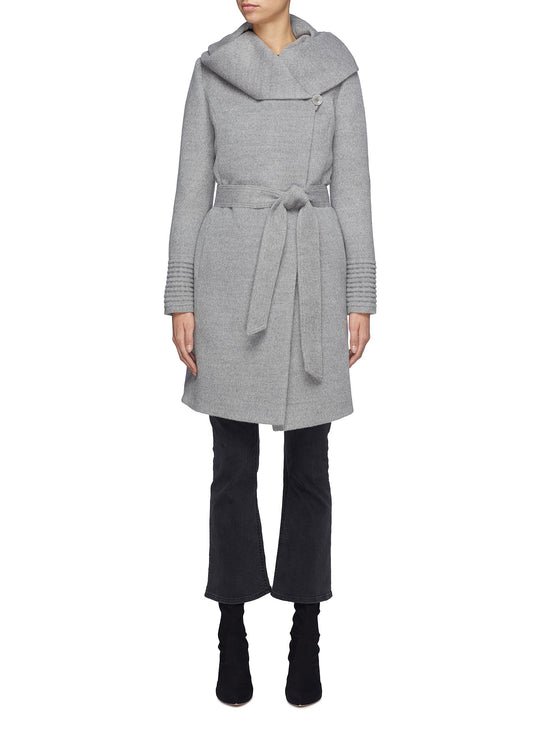 Belted hooded ribbed cuff melton wrap coat - SENTALER - Grey