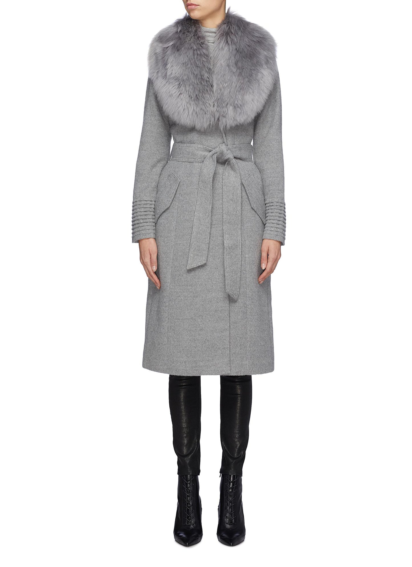 Detachable fur collar belted ribbed cuff melton wrap coat - SENTALER - Grey