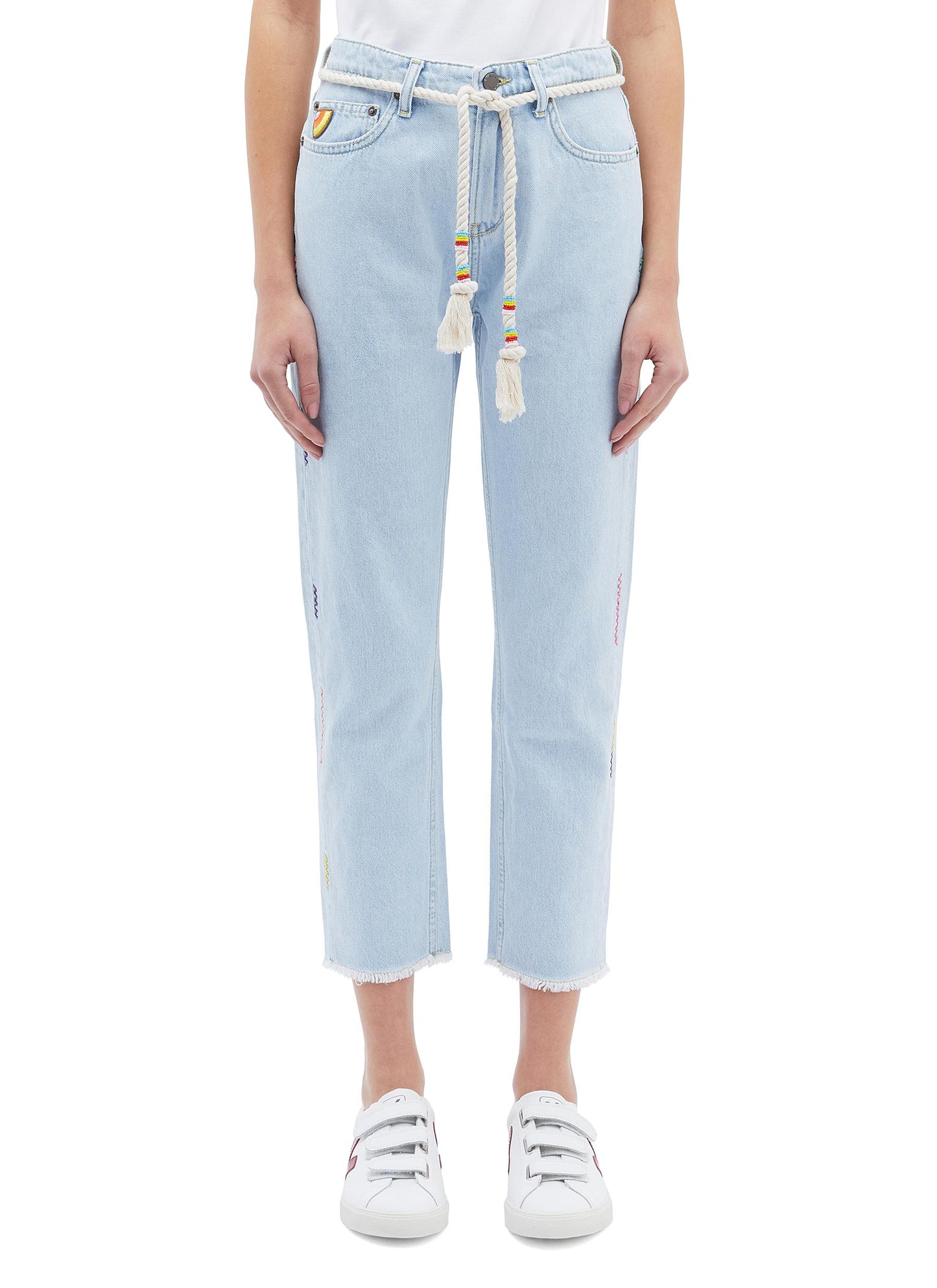 Rope belted zigzag embroidered jeans - Mira Mikati - Blue