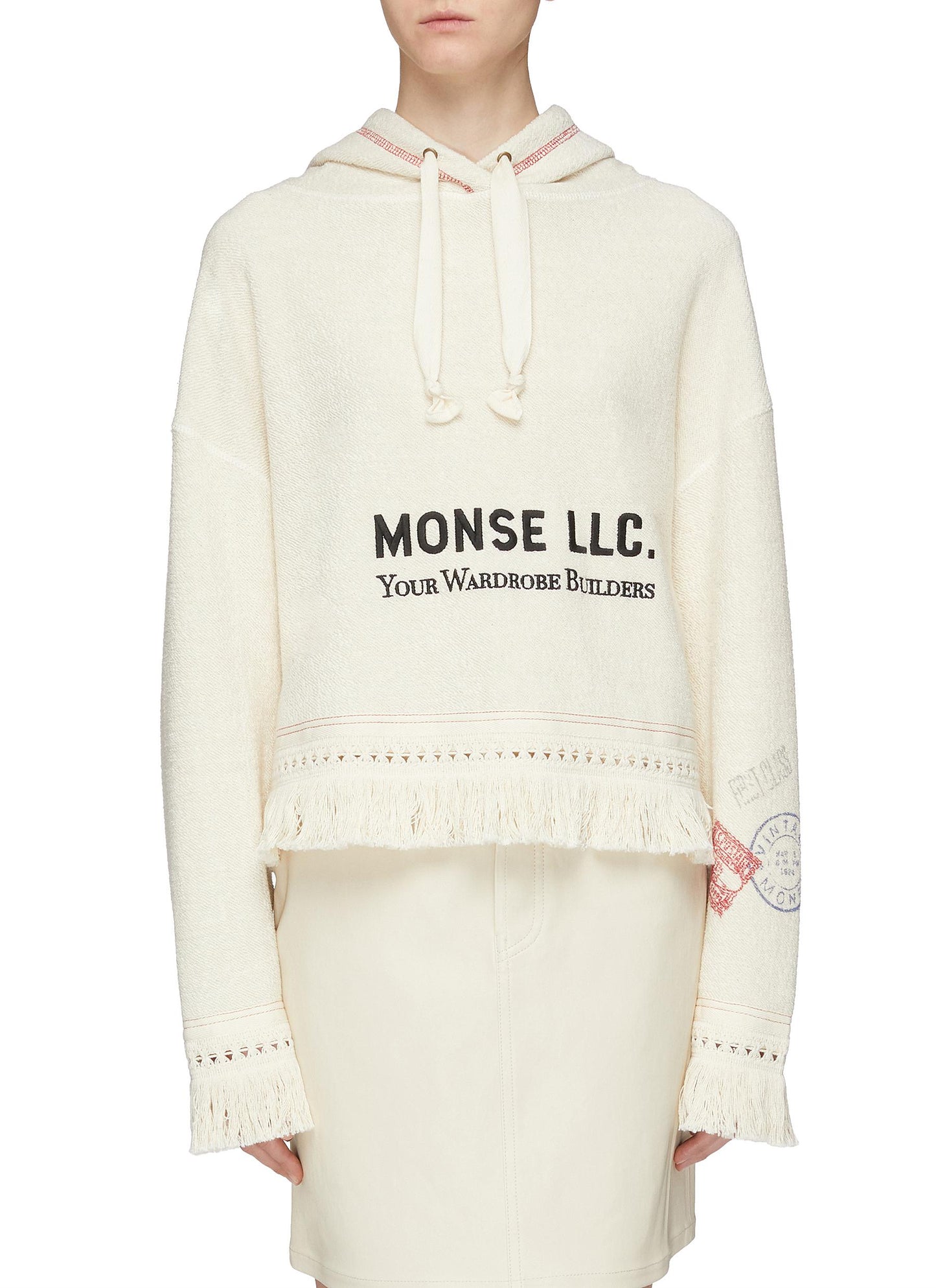 Slogan embroidered fringe hem hoodie - Monse - White