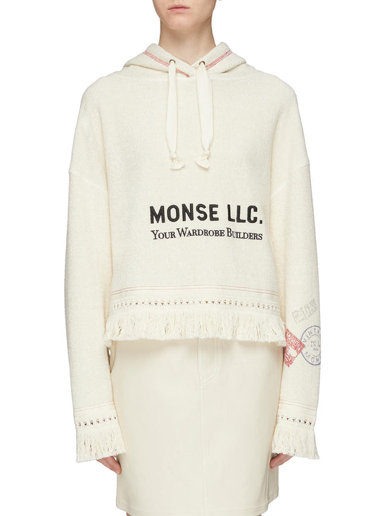 Slogan embroidered fringe hem hoodie - Monse - White