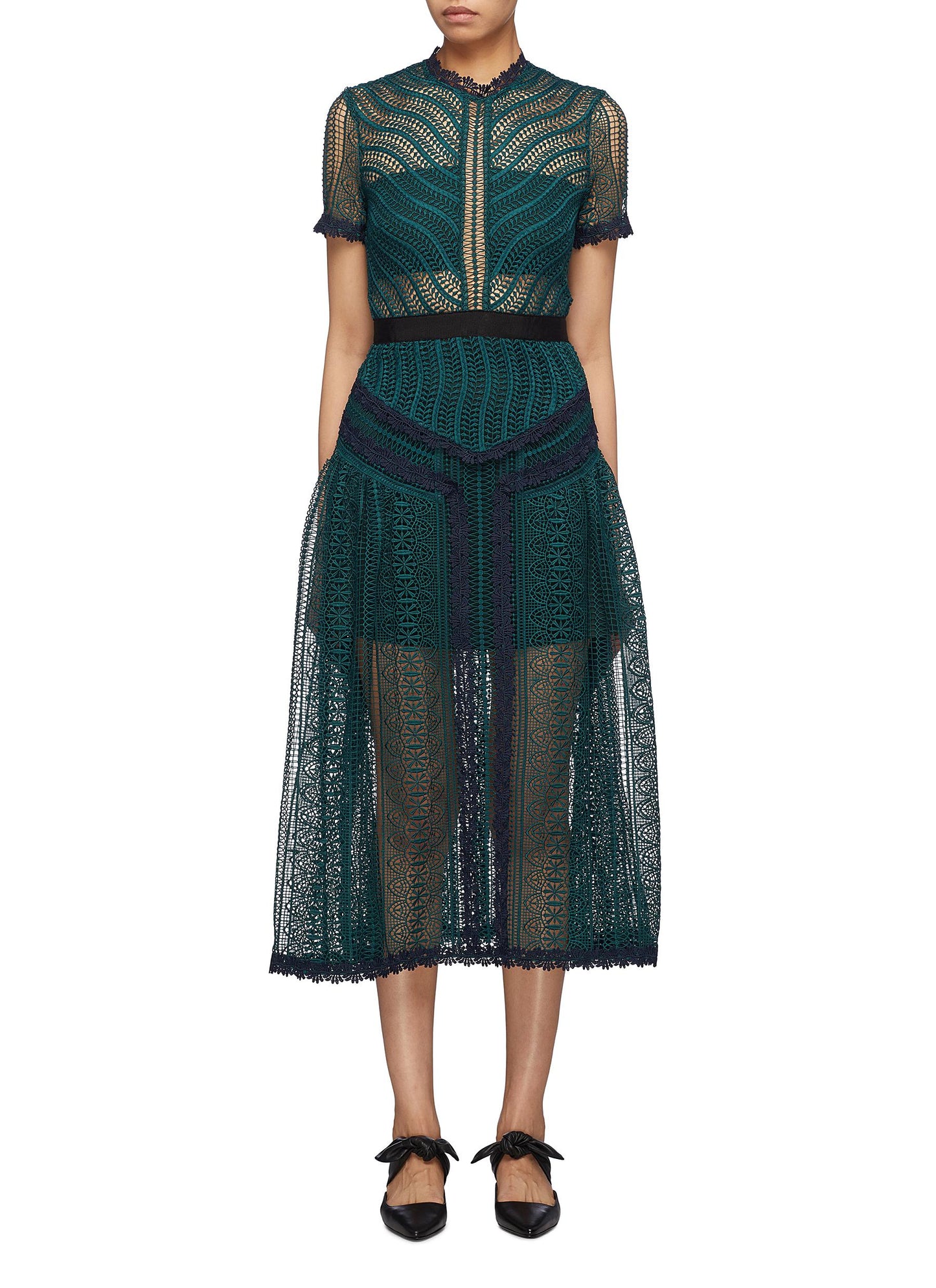 Panelled wavy guipure lace dress - self-portrait - Green