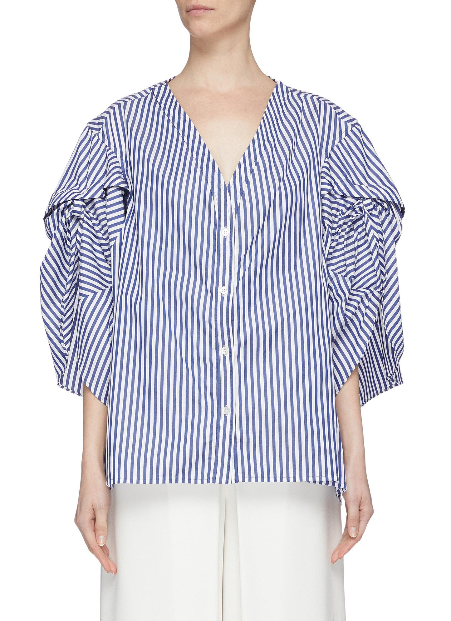 Ruched knot sleeve stripe poplin top - Minki - Multi-colour