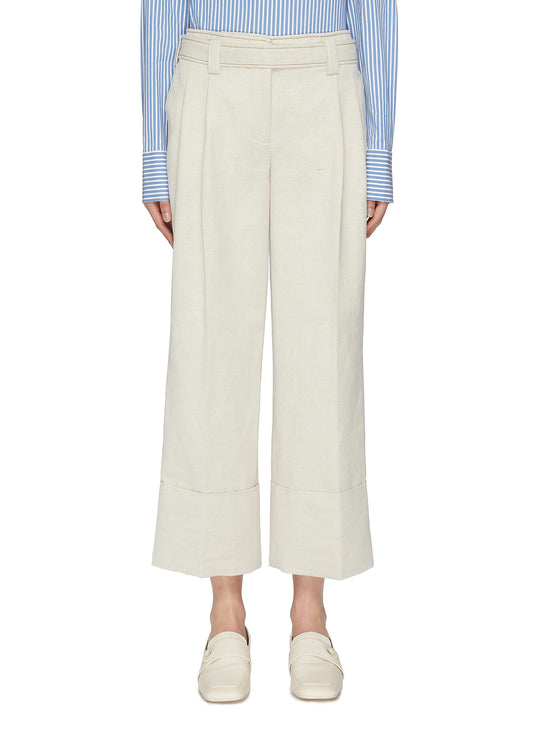 Belted contrast topstitching linen-cotton culottes - Cédric Charlier - White