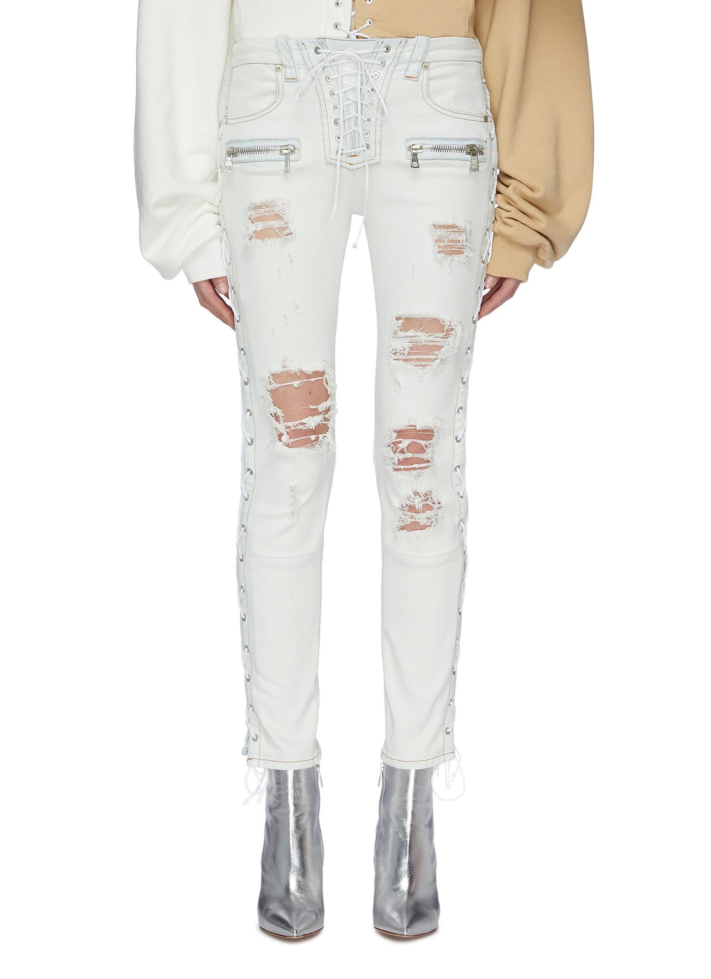 Lace-up outseam ripped skinny jeans - Ben Taverniti Unravel Project  - White