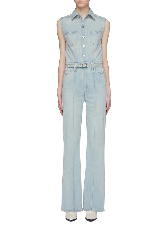 The Zenith' belted button front sleeveless denim jumpsuit - Current/Elliott - Blue