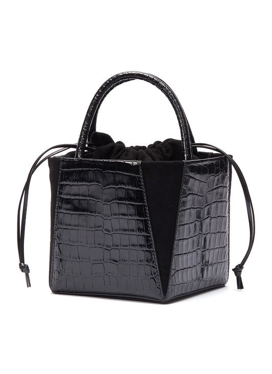 Dorthea' suede panel croc embossed leather top handle bag - Trademark - Black