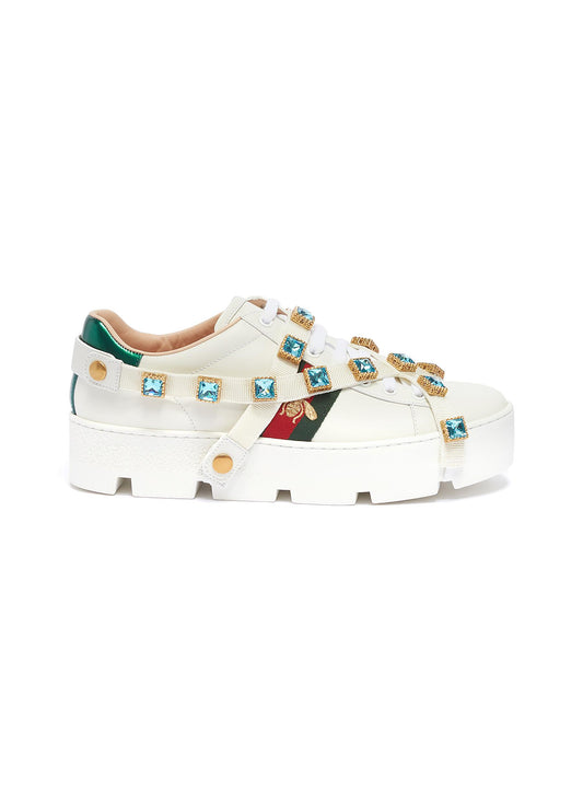 Ace' glass crystal strap leather flatform sneakers - Gucci - White