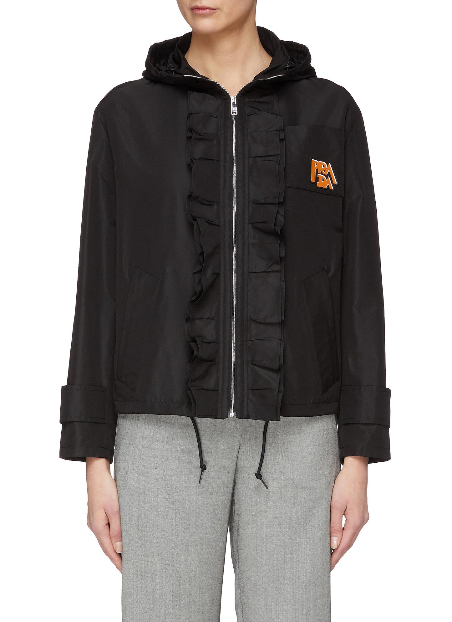 Logo appliqué hooded ruffle trim silk windbreaker jacket - Prada - Black