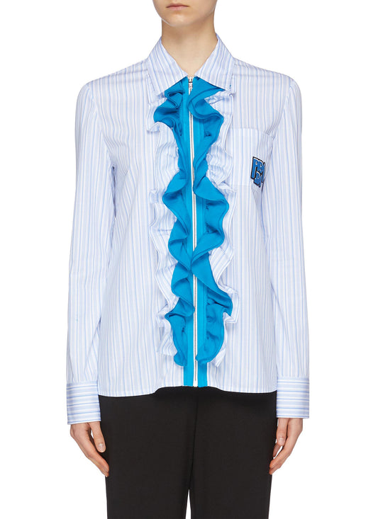 Textured logo appliqué ruffle zip placket stripe shirt - Prada - Multi-colour