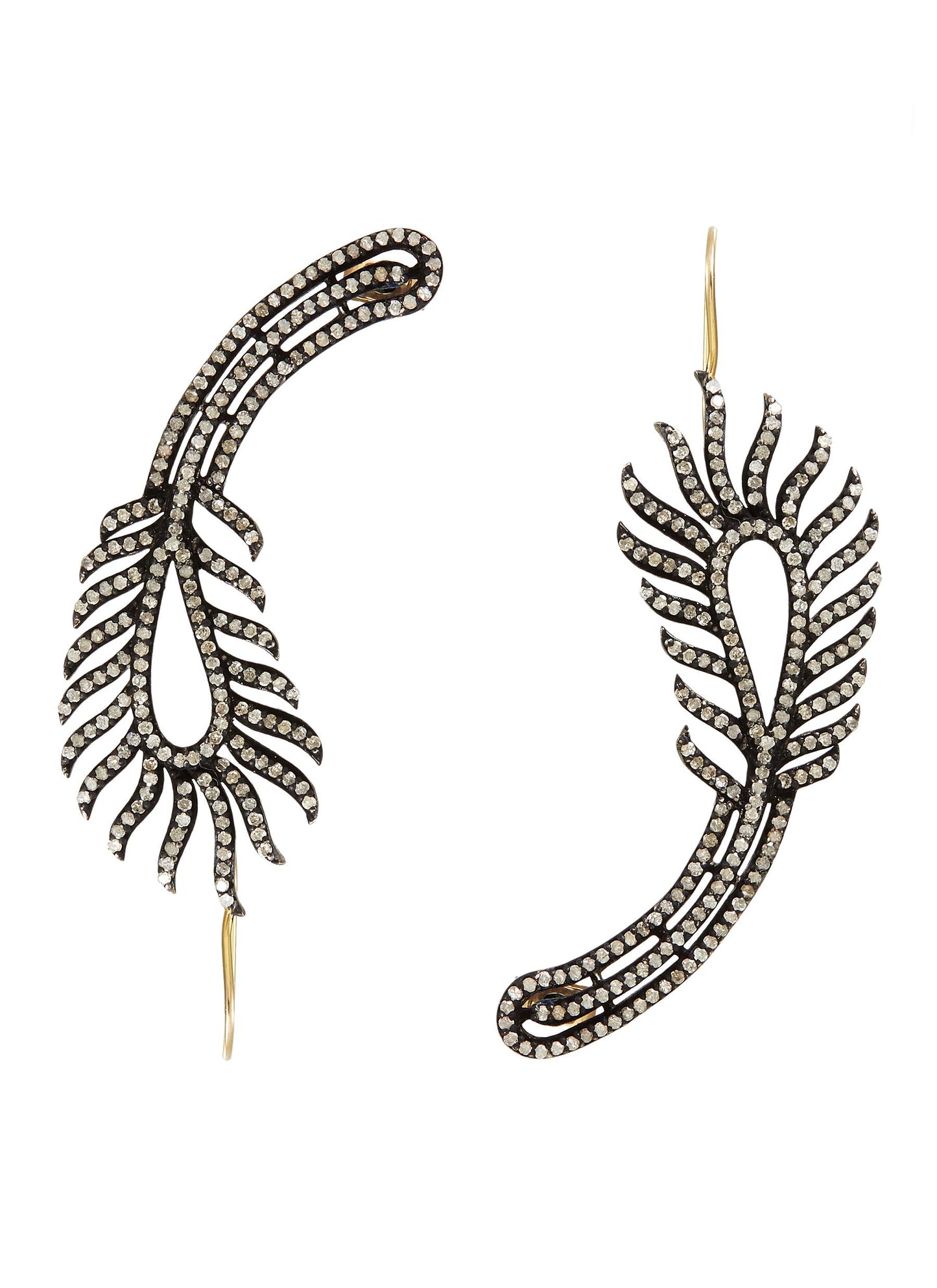 Diamond silver gold alloy mismatched feather drop ear climbers - Aishwarya - Metallic