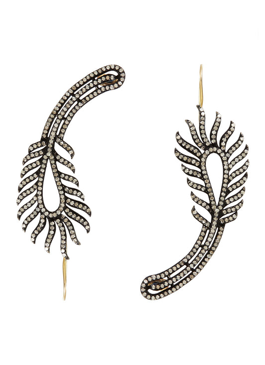 Diamond silver gold alloy mismatched feather drop ear climbers - Aishwarya - Metallic