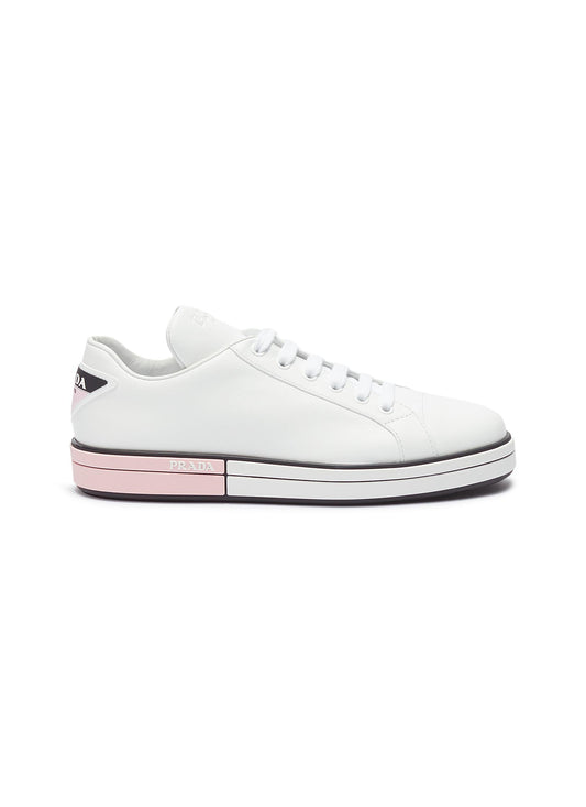 Logo appliqué colourblock outsole leather sneaker - Prada - White