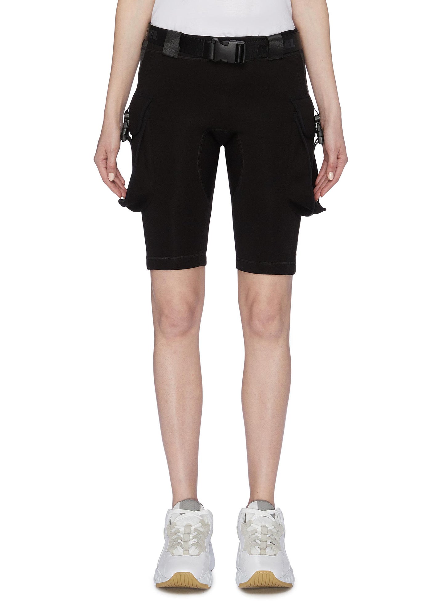 Buckled strap neoprene cargo biker shorts - Angel Chen - Black