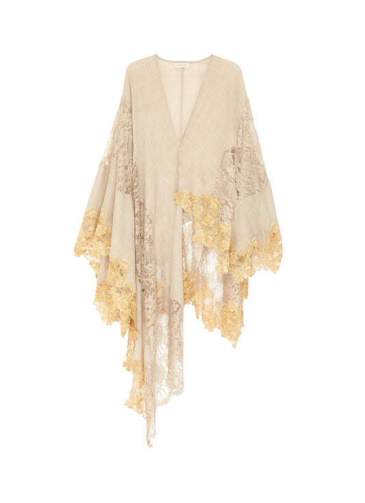 Chantilly lace trim cashmere cape - Janavi - Neutral