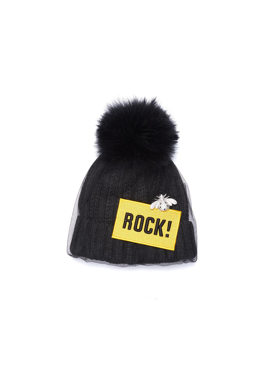 Rock!' slogan appliqué embellished veil wool beanie - Venna - Black