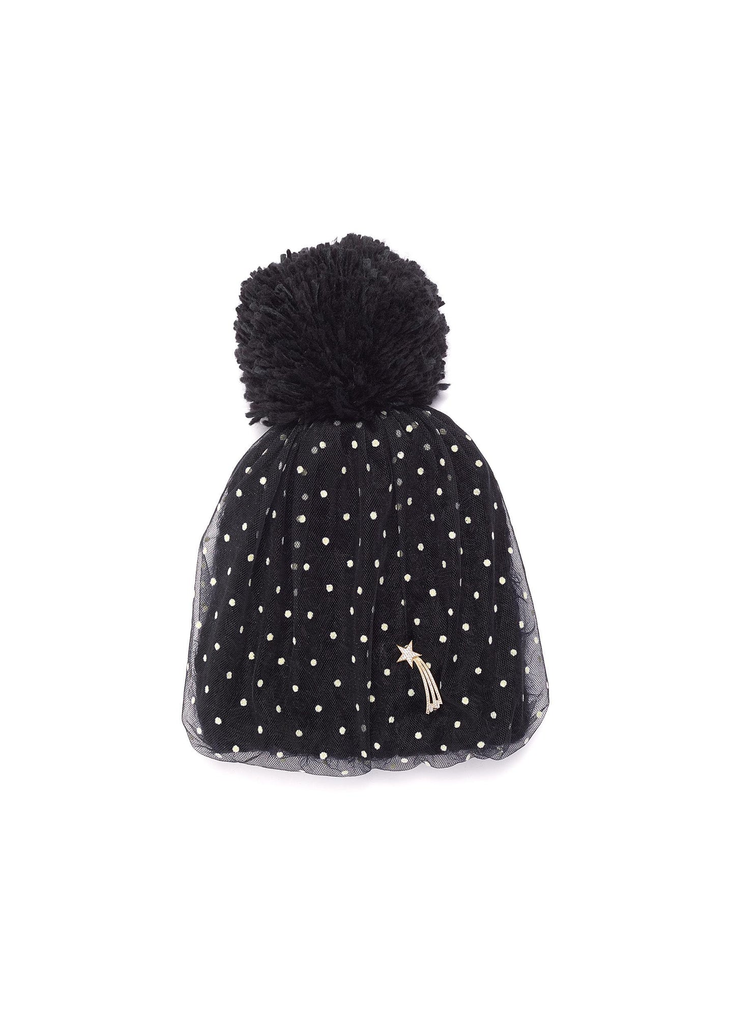 Detachable pin dot tulle overlay pompom knit beanie - Venna - Black