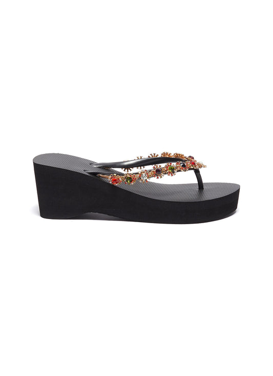 Colorful Diana' crystal floral PVC wedge thong sandals - Uzurii - Black