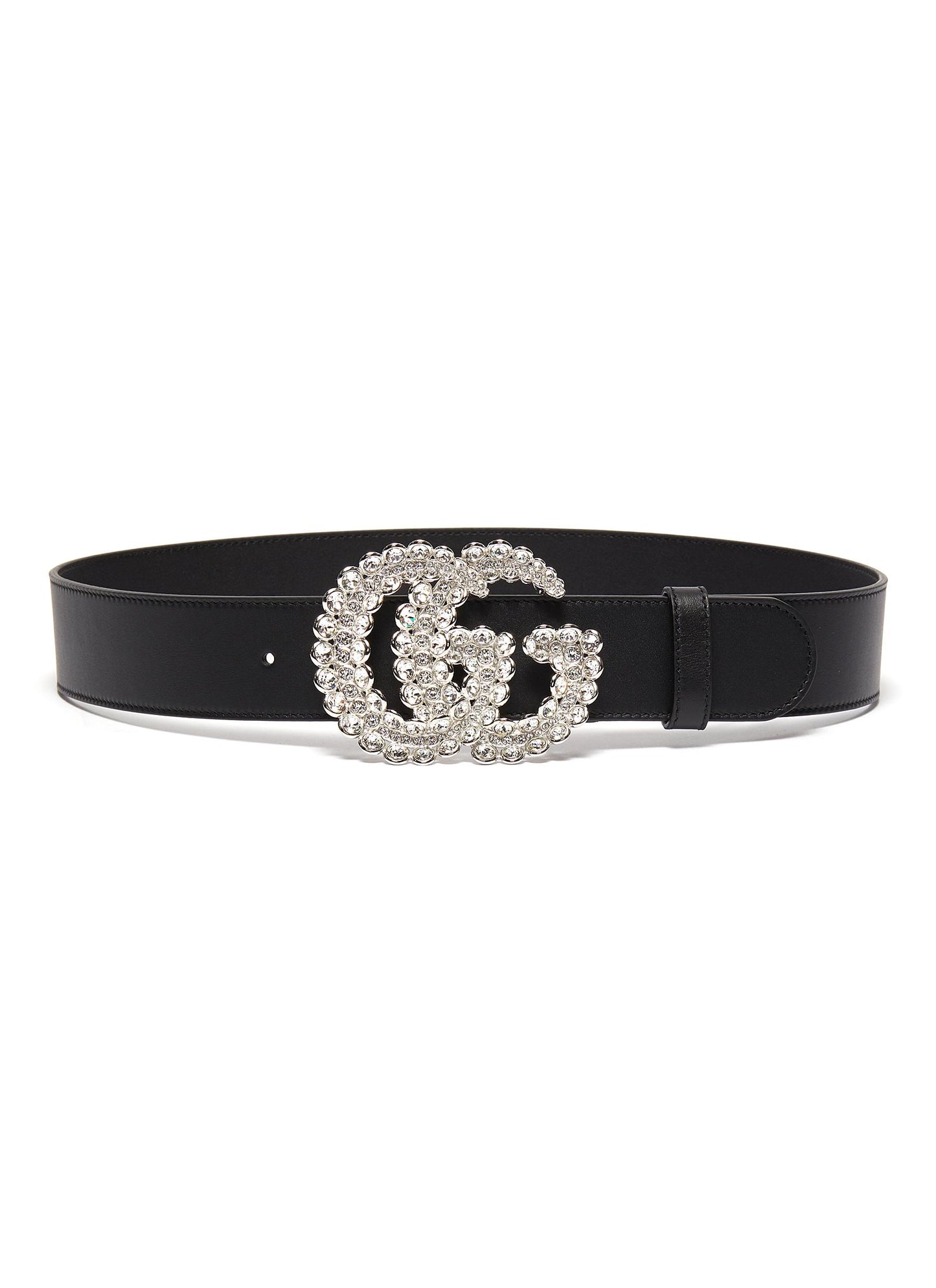 Glass crystal embellished GG buckle leather belt