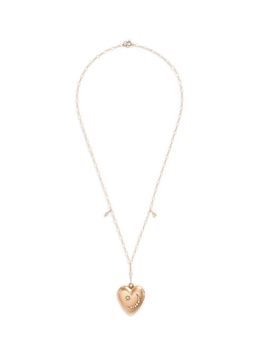 White quartz 14k gold chain heart antique locket necklace - Antique Lockets - Metallic