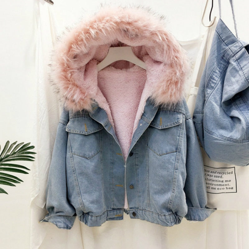 Faux Fur Collar Denim Jacket