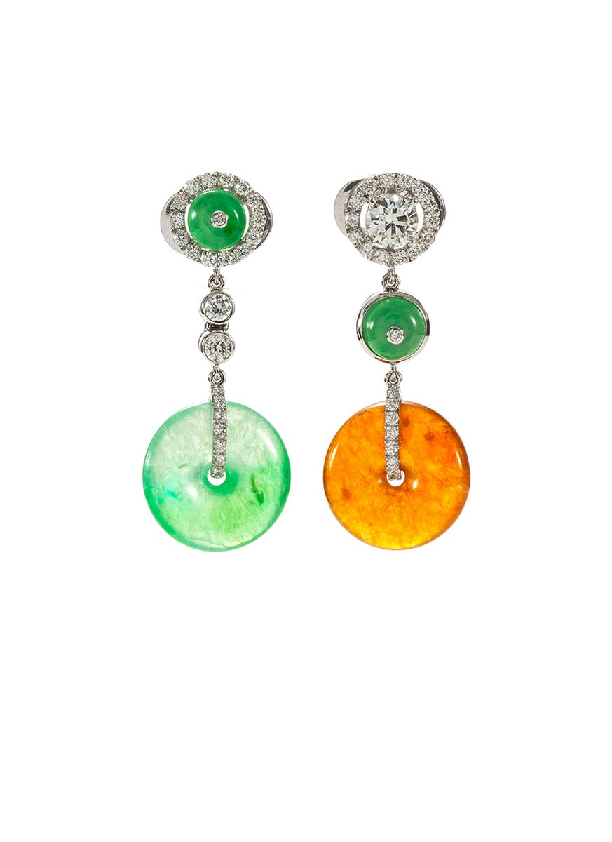 Diamond jade 18k white gold mismatched drop earrings - Samuel Kung - Multi-colour